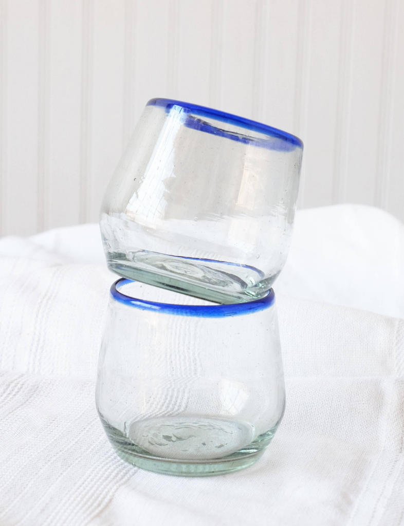 Blue Rimmed Stemless Glass