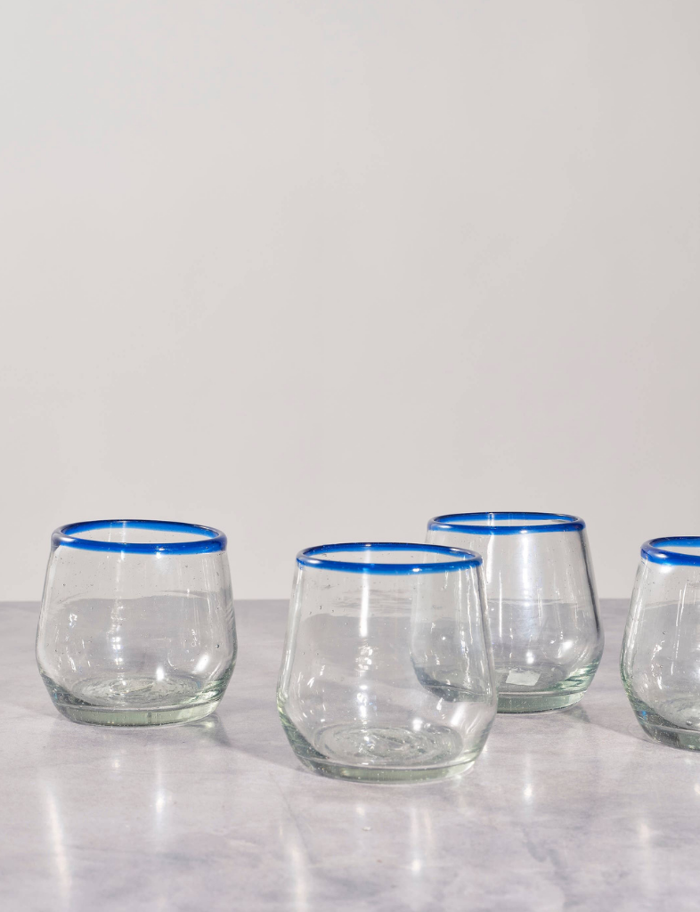 Blue Rimmed Stemless Glass