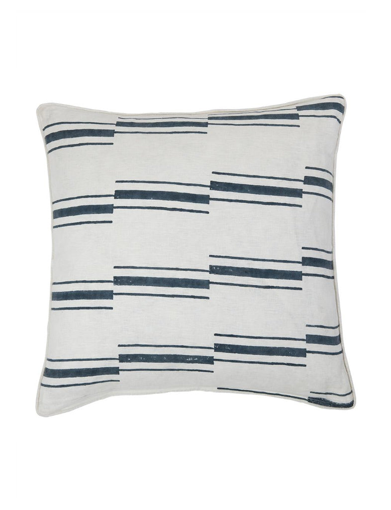 Block printed white linen pillow with a dark teal offset stripe